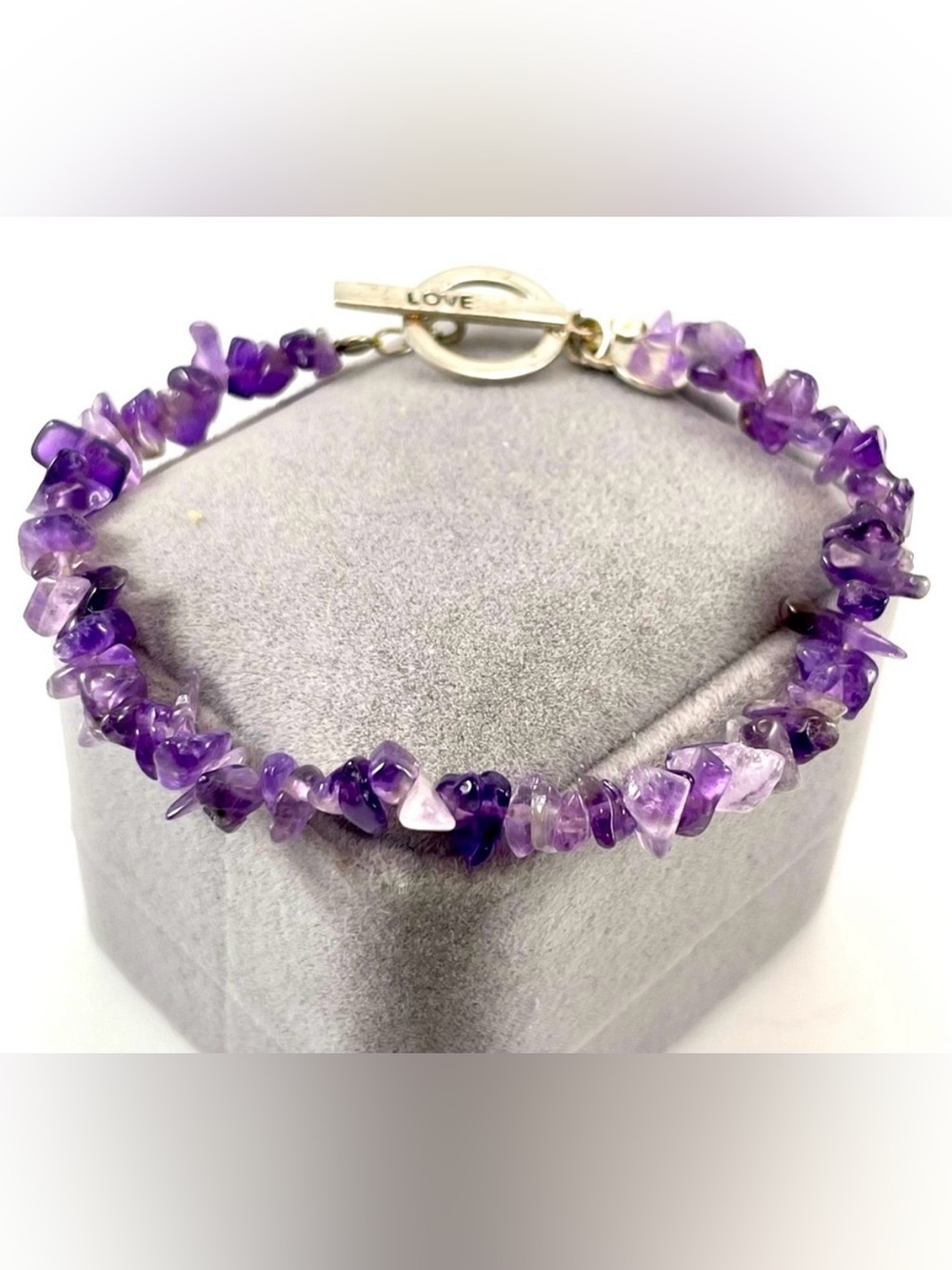 Cute Unsigned Artisan 925 Sterling Silver Amethyst Chip Gemstone Mom Bracelet